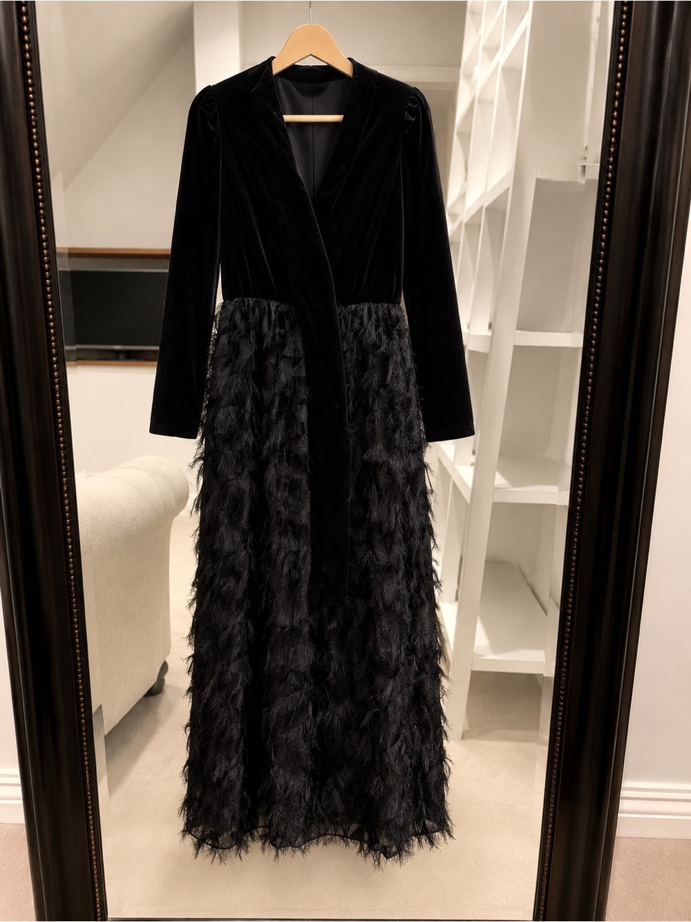 Black Velvet & Feather Maxi Dress